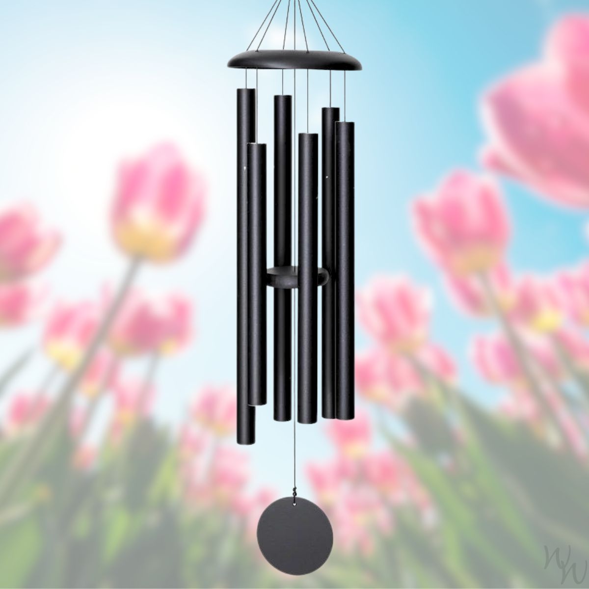 Corinthian brand wind chime that is a black colored, 50 inches, 6 aluminum tubes, and a wooden striker