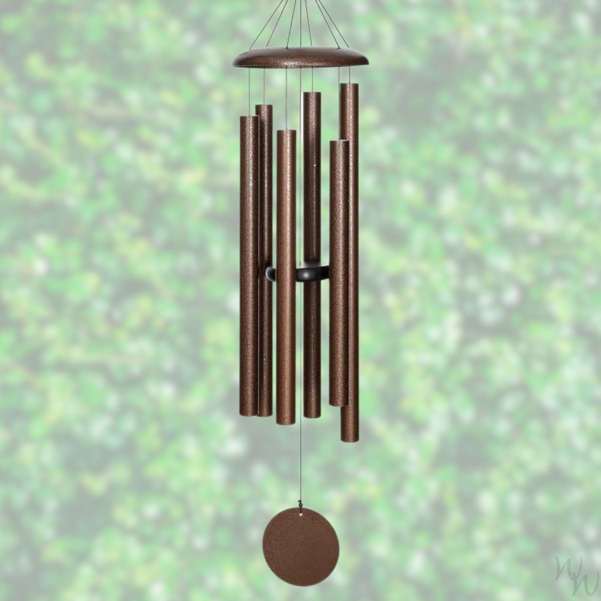 Corinthian brand wind chime that is copper colored, 50 inches, 6 aluminum tubes, and a wooden striker