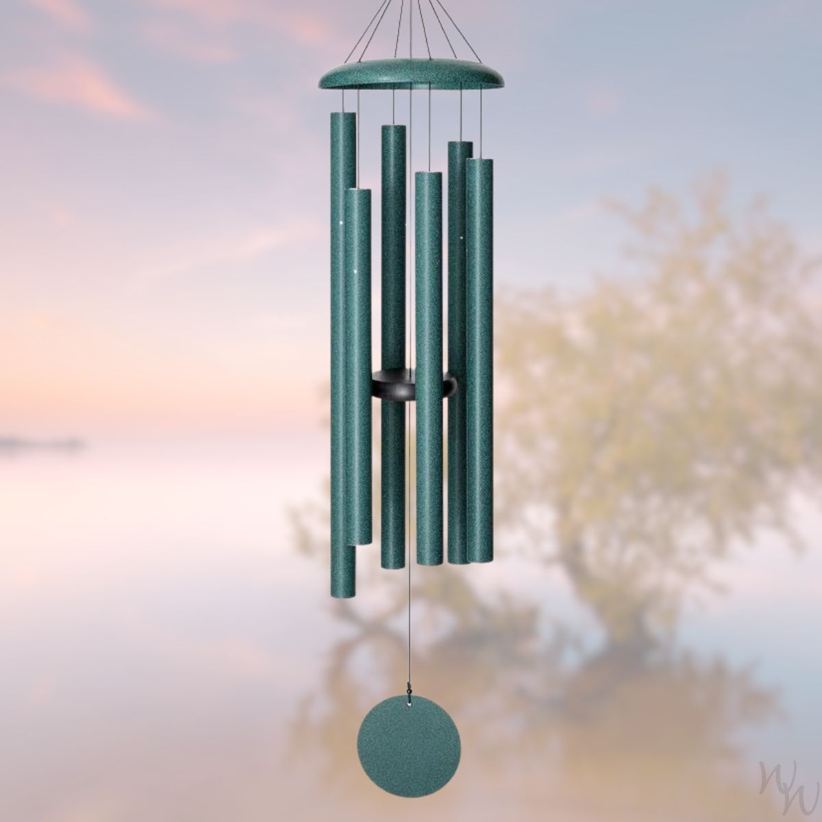 Corinthian brand wind chime that is colored green, 50 inches, 6 aluminum tubes, and a wooden striker