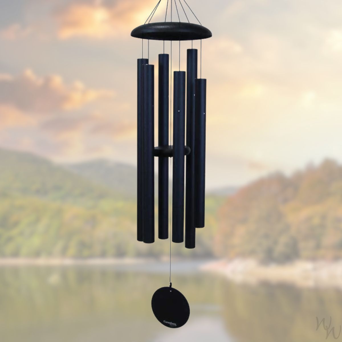 Corinthian brand wind chime that is colored midnight blue, 50 inches, 6 aluminum tubes, and a wooden striker