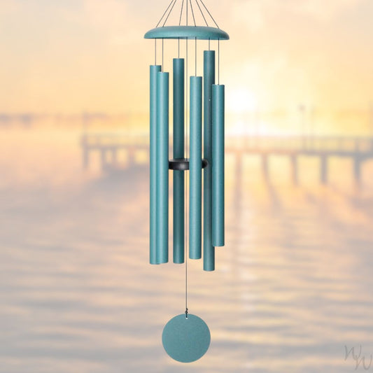 Corinthian brand wind chime that is patina green colored, 50 inches, 6 aluminum tubes, and a wooden striker