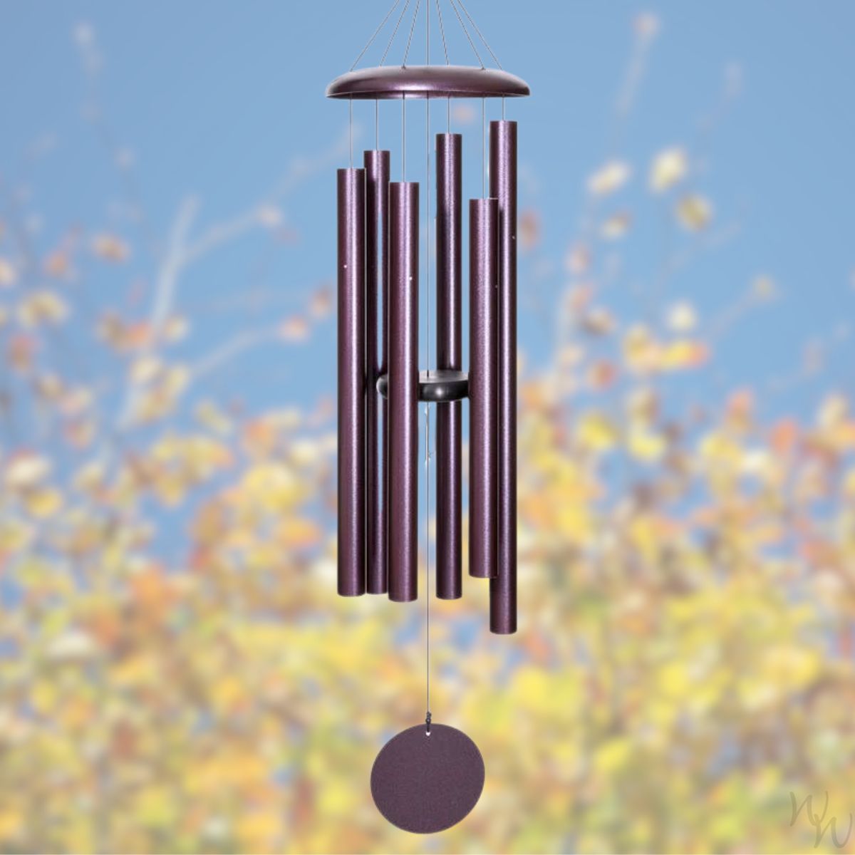 Corinthian brand wind chime that is colored plum, 50 inches, 6 aluminum tubes, and a wooden striker