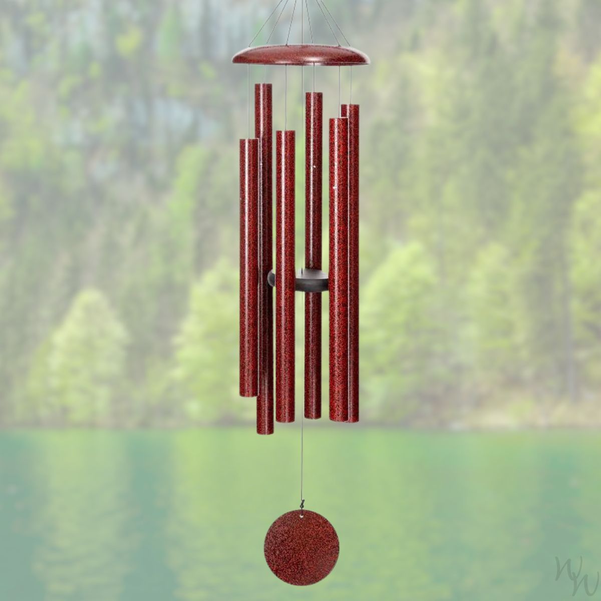 Corinthian brand wind chime that is colored ruby red, 50 inches, 6 aluminum tubes, and a wooden striker