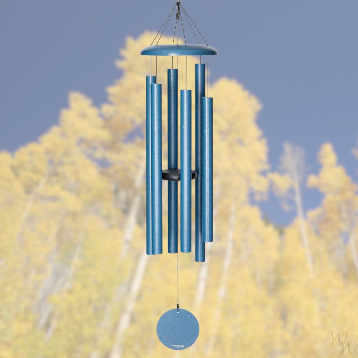 Corinthian brand wind chime that is sky blue colored, 50 inches, 6 aluminum tubes, and a wooden striker
