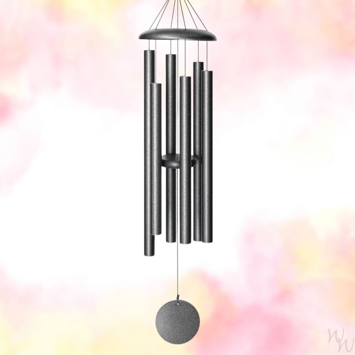 Corinthian brand wind chime that is colored silver, 50 inches, 6 aluminum tubes, and a wooden striker