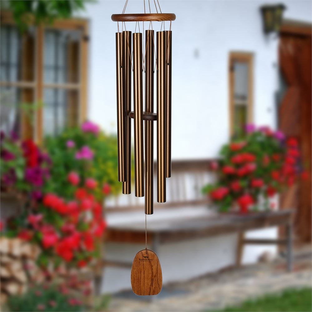 Woodstock brand 'Amazing Grace' wind chime with bronze aluminum tubes that is 40 inches in length with customizable bronze wooden wind sail