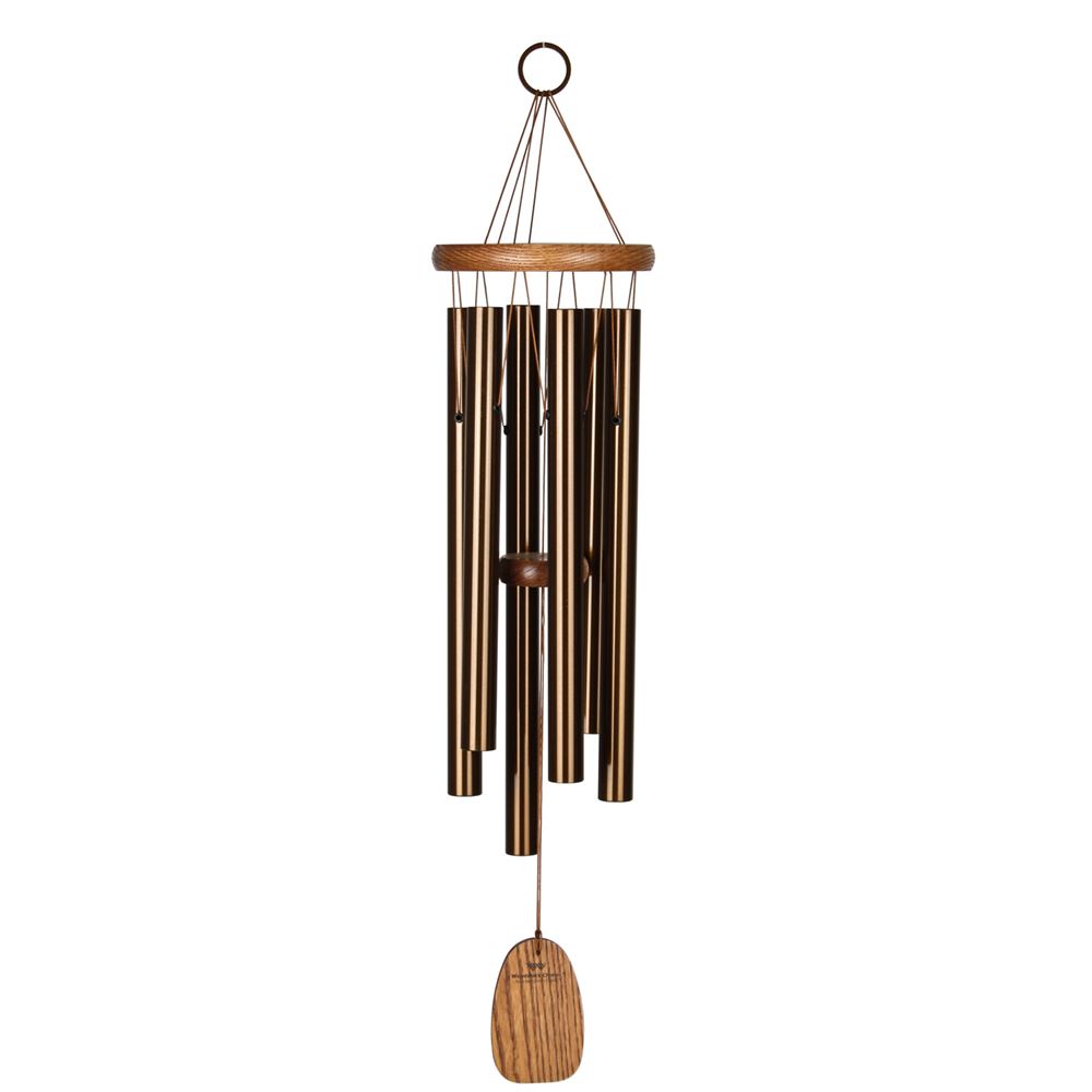 Woodstock brand 'Amazing Grace' wind chime with bronze aluminum tubes that is 25 inches in length, customizable bronze wooden wind sail, and o ring hook