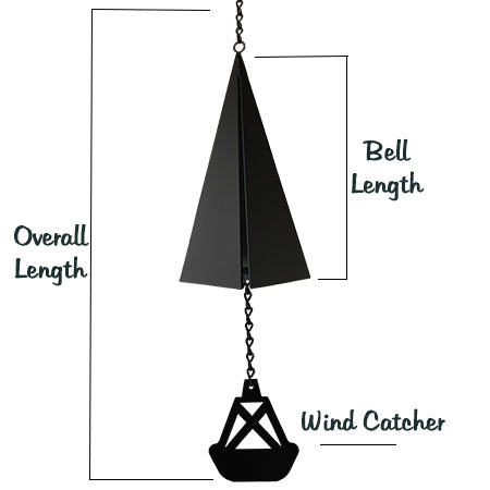 Black wind catcher AND BLACK BUOY BELL with measurements labeled on a white background
