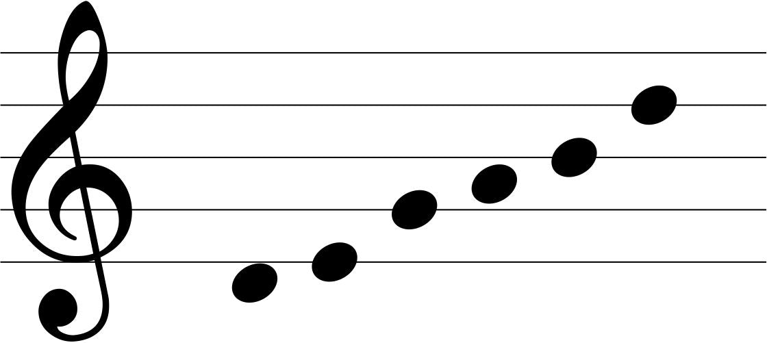 Music staff with a clef and notes on a white background, scale of D