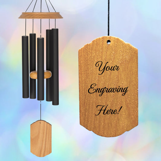 Carson 21 INCH Forest Green Signature Symphonies Wind Chime – five powder‑coated BLACK aluminum tubes hanging from a wood top, adjustable striker, with wooden windcatcher beneath; tuned to key of D, durable outdoor design with industrial cord