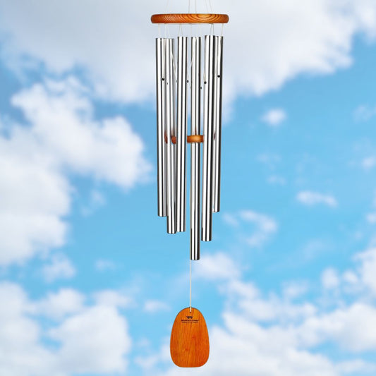 Woodstock brand 'Amazing Grace' wind chime with silver aluminum tubes that is 40 inches in length, with customizable orange wooden wind sail