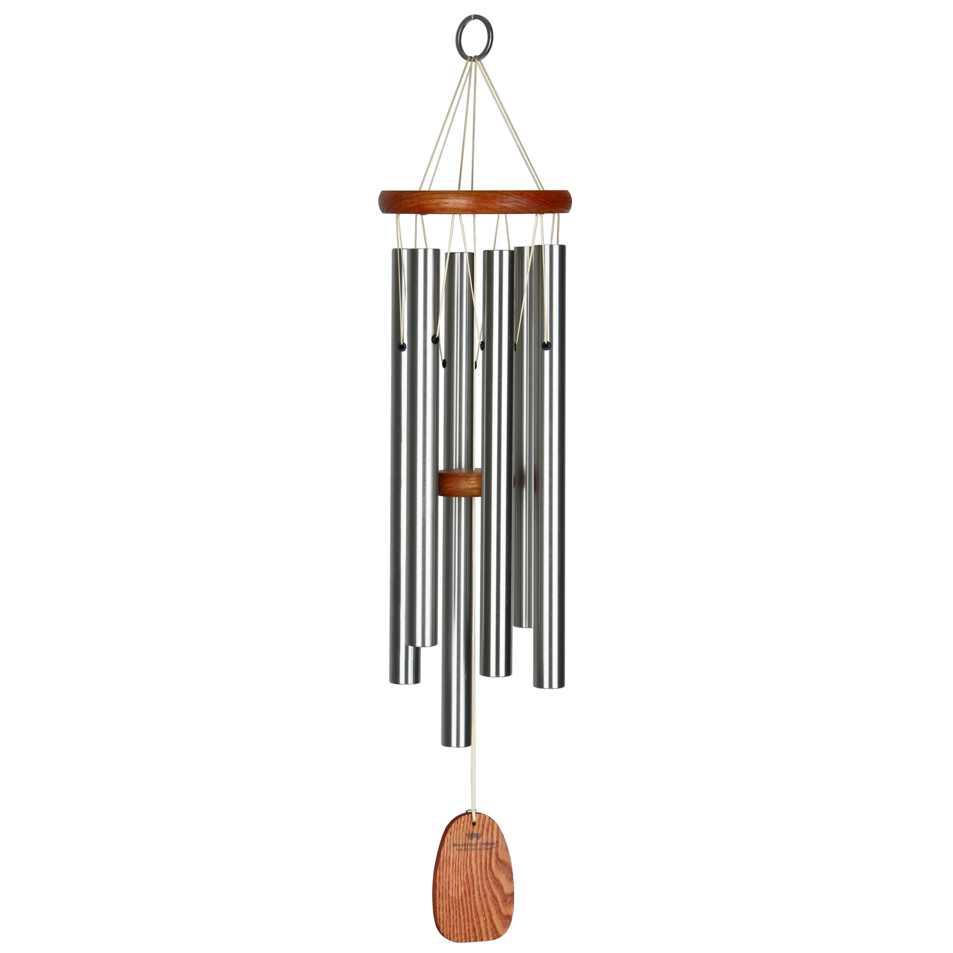 Woodstock brand 'Amazing Grace' wind chime with silver aluminum tubes that is 25 inches in length, customizable orange wooden wind sail, and o ring hook
