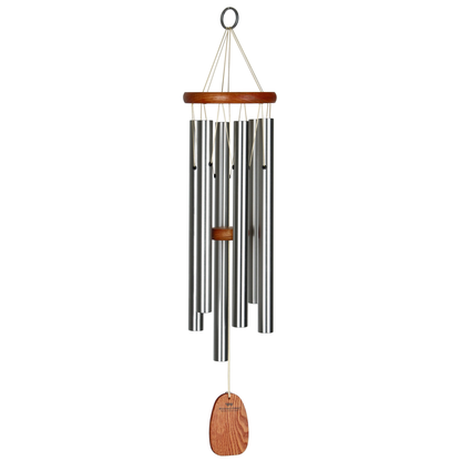 Woodstock brand 'Amazing Grace' wind chime with silver aluminum tubes that is 25 inches in length, customizable orange wooden wind sail, and o ring hook