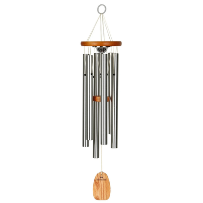 Woodstock brand 'Amazing Grace' memorial wind chime with silver aluminum tubes, 24.5 inches in length, urn, customizable orange wooden wind sail, and o ring hook