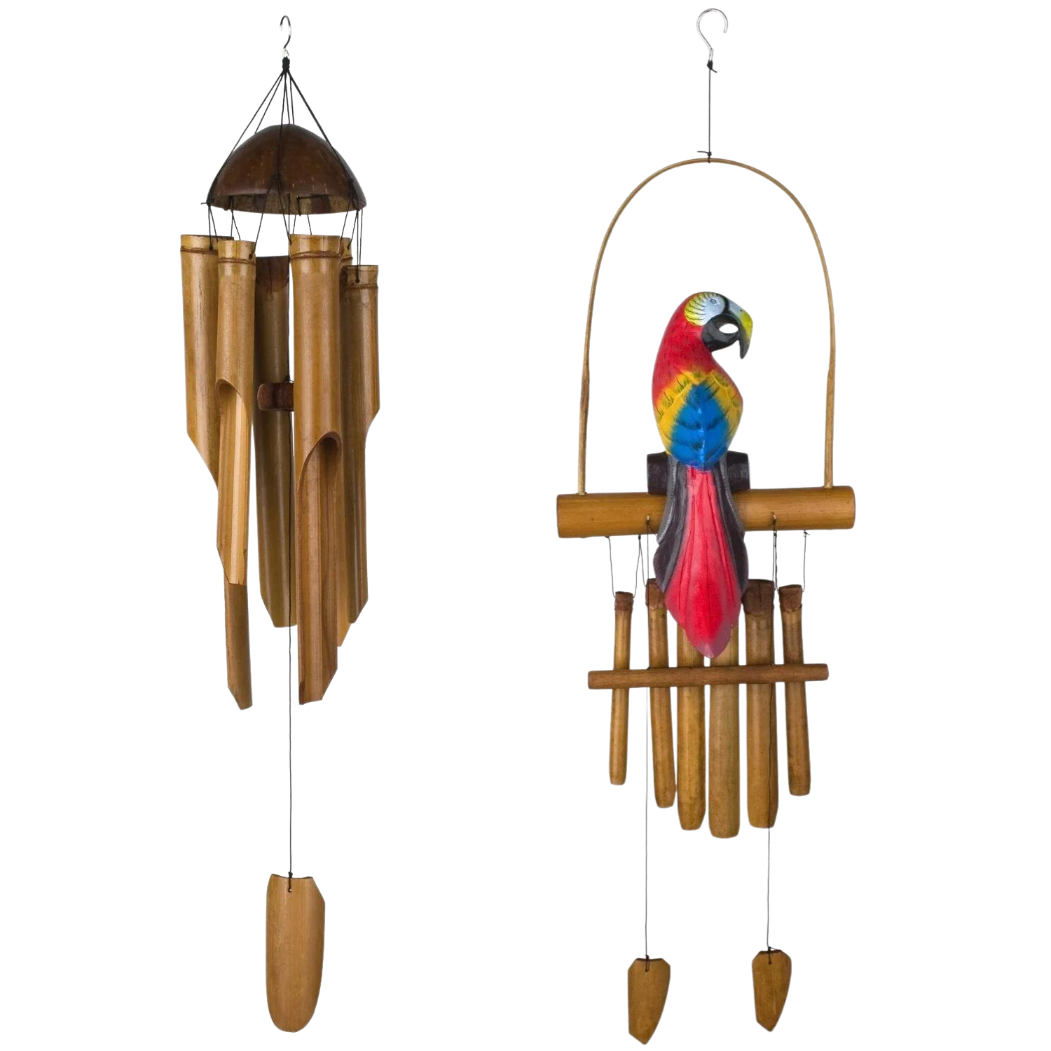 Bamboo wind chime with a colorful parrot figure on a white background