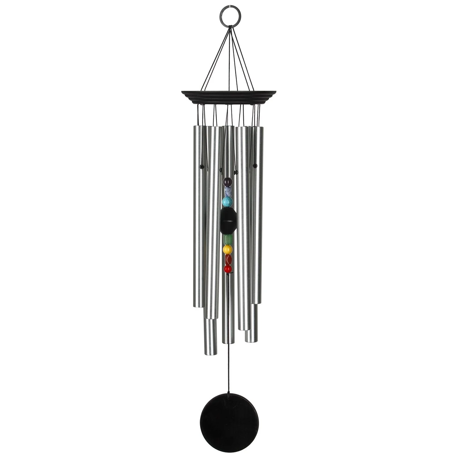 Woodstock Percussion 7‑Stone Bronze Chakra Wind Chime with engravable wooden wind sail WITH seven SILVER aluminum tubes hang from BLUE WASH finish ash‑wood top; the faceted clapper aligns seven chakra stones vertically, with a round wooden sail AND AN O RING HOOK