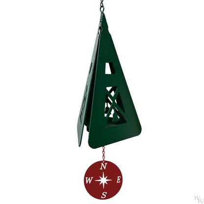 North Country Compass Rose Starboard Green Buoy Bell wind bell featuring a 14‑inch powder‑coated green steel bell, triangular green compass‑rose windcatcher with red compass star, suspended from jack chain; total length approx. 30 inches; single‐tone coastal‑inspired bell made in USA DISPLAYED IN FRONT OF A WHITE BACKGROUND