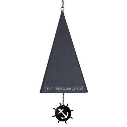 North Country Buoy Bell – engraved version featuring an 8-inch powder‑coated recycled steel bell in a triangular shape, hanging from jack chain with windcatcher sailing below