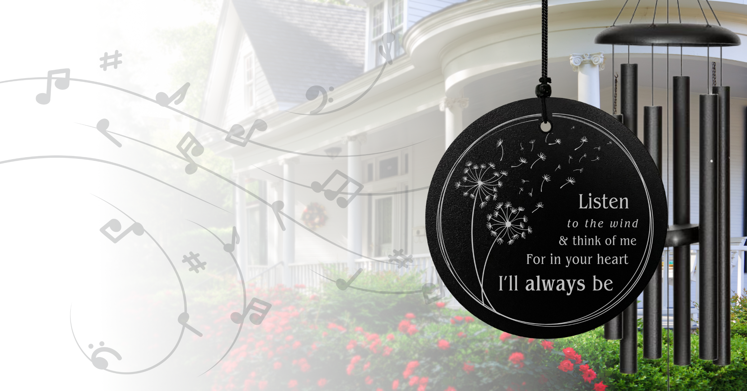 Decorative wind chime with motivational quote against a blurred outdoor background