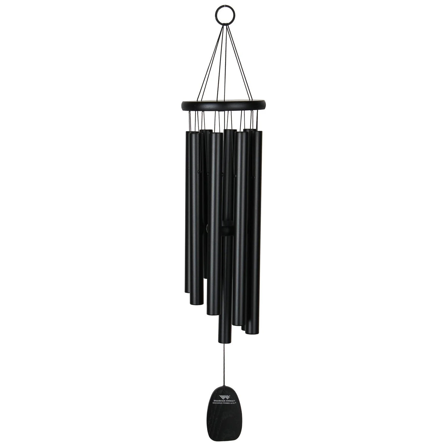 Black Woodstock 27 inch Gregorian Chimes Alto wind chime, black tubes and black accents, on a white background