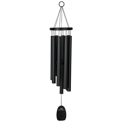 Black Woodstock 27 inch Gregorian Chimes Alto wind chime, black tubes and black accents, on a white background