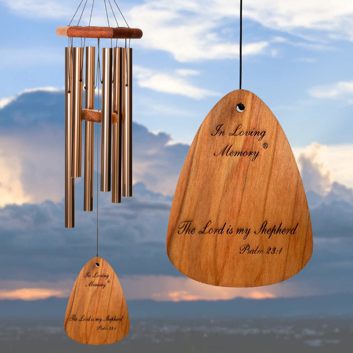 In Loving Memory BRAND wind chime THAT IS 30 inches WITH BRONZE ALUMINUM TUBES PRE-ENGRAVED with THE QUOTE, "THE LORD IS MY SHEPHERD. PSALM 23:1" ON THE WIND SAIL, ALL OF WHICH IS DISPLAYED IN FRONT OF A LANDSCAPE BACKGROUND