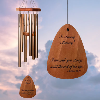 In Loving Memory BRAND wind chime THAT IS 30 inches WITH BRONZE ALUMINUM TUBES PRE-ENGRAVED with THE QUOTE, "I AM WITH YOU ALWAYS, UNTIL THE END OF THE AGE. MATTHEW 28:20" ON THE WIND SAIL, ALL OF WHICH IS DISPLAYED IN FRONT OF A LANDSCAPE BACKGROUND