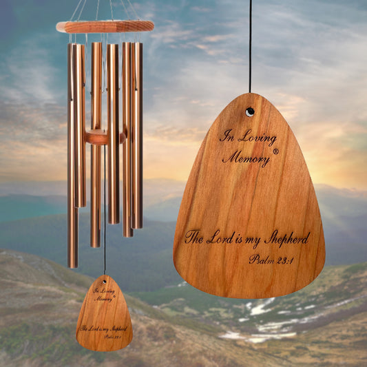 In Loving Memory BRAND wind chime THAT IS 35 inches WITH BRONZE ALUMINUM TUBES PRE-ENGRAVED with THE QUOTE, "THE LORD IS MY SHEPHERD. PSALM 23:1" ON THE WIND SAIL, ALL OF WHICH IS DISPLAYED IN FRONT OF A LANDSCAPE BACKGROUND