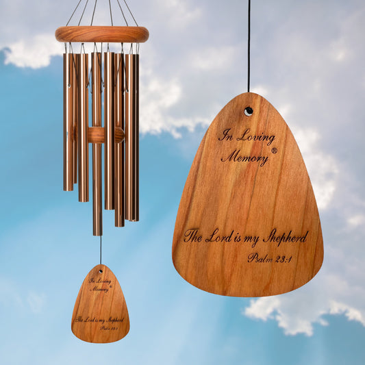 In Loving Memory BRAND wind chime THAT IS 18 inches WITH BRONZE ALUMINUM TUBES PRE-ENGRAVED with THE QUOTE, "THE LORD IS MY SHEPHERD. PSALM 23:1" ON THE WIND SAIL, ALL OF WHICH IS DISPLAYED IN FRONT OF A LANDSCAPE BACKGROUND
