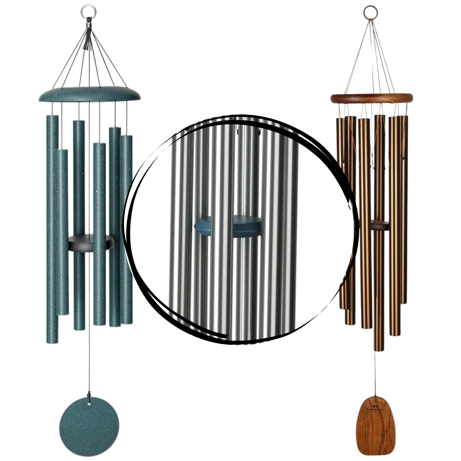 Two wind chimes, one green and one brown, with a close-up of their metal components on a white background.