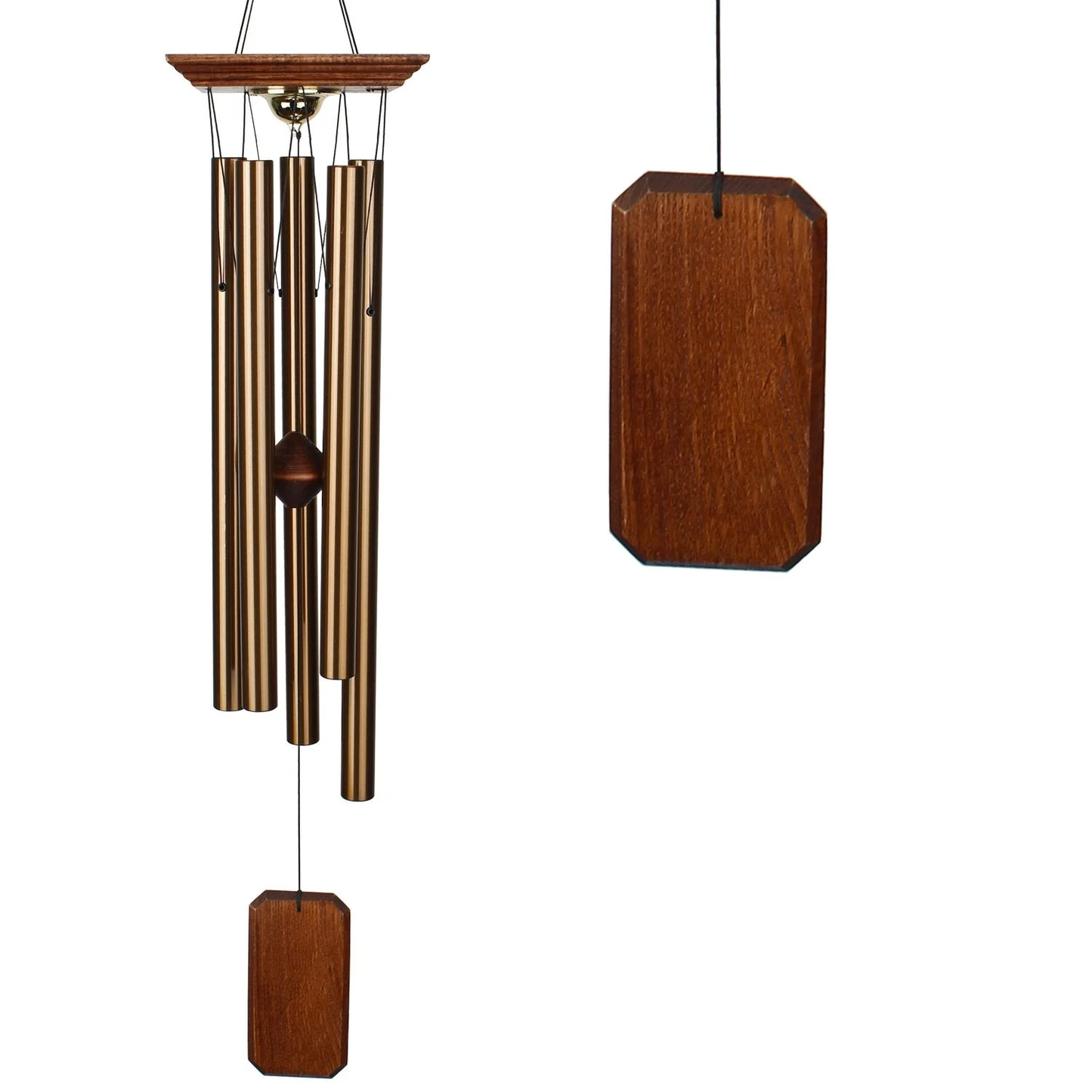 Woodstock Chimes Memorial Chime Large WITH five bronze‑tone aluminum tubes suspended from a teak‑finish ash wood top, with a removable rectangular wooden windcatcher and a weatherproof compartment beneath the top for storing a keepsake urn