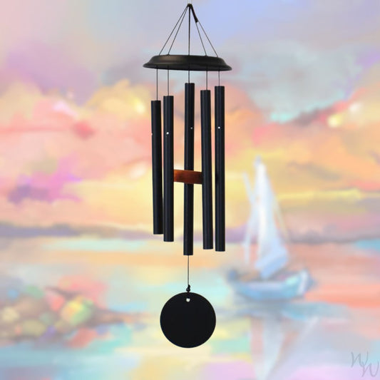 Shenandoah brand wind chime that is black, 26 inches, 5 aluminum tubes, and a wooden striker