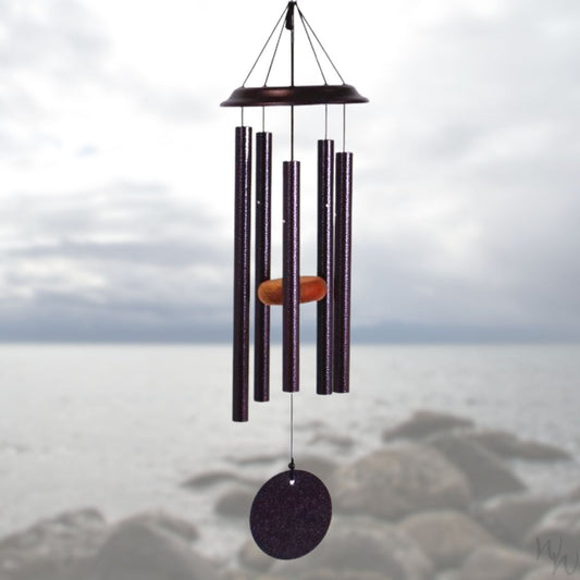 Shenandoah brand wind chime that is plum colored, 26 inches, 5 aluminum tubes, and a wooden striker