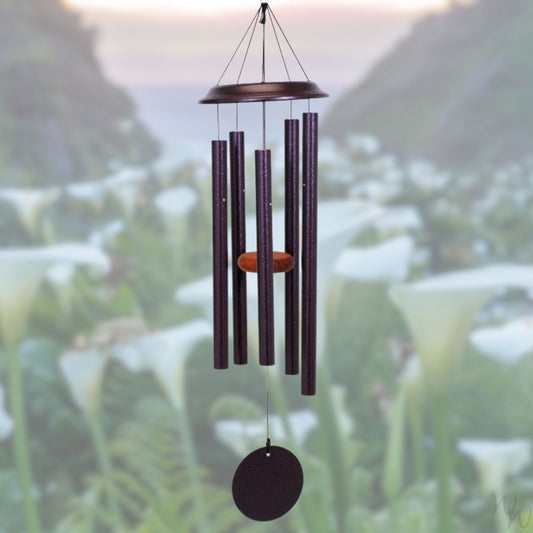 Shenandoah brand wind chime that is colored plum, 35 inches, has 5 aluminum tubes, and a wooden striker displayed in front of a landscape background 