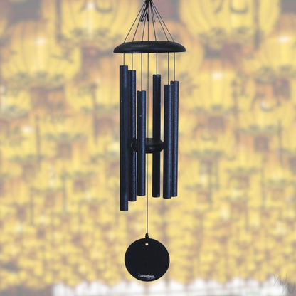 Corinthian brand wind chime that is colored midnight blue, 27 inches, 6 aluminum tubes, and a wooden striker