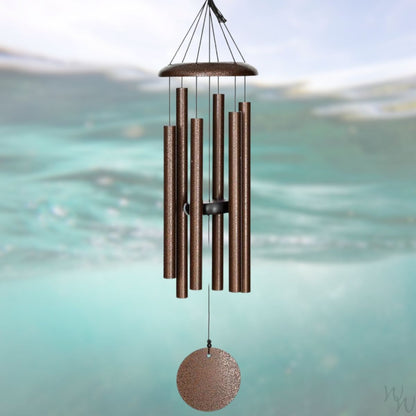 Corinthian brand wind chime that is colored copper, 30 inches, 6 aluminum tubes, and a wooden striker