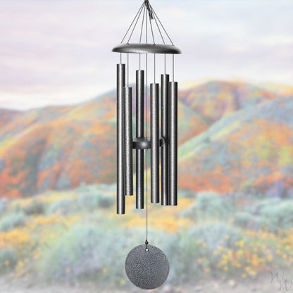 Corinthian brand wind chime that is colored silver, 30 inches, 6 aluminum tubes, and a wooden striker