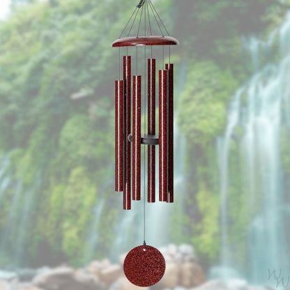 Corinthian brand wind chime that is colored ruby red, 36 inches, 6 aluminum tubes, and a wooden striker