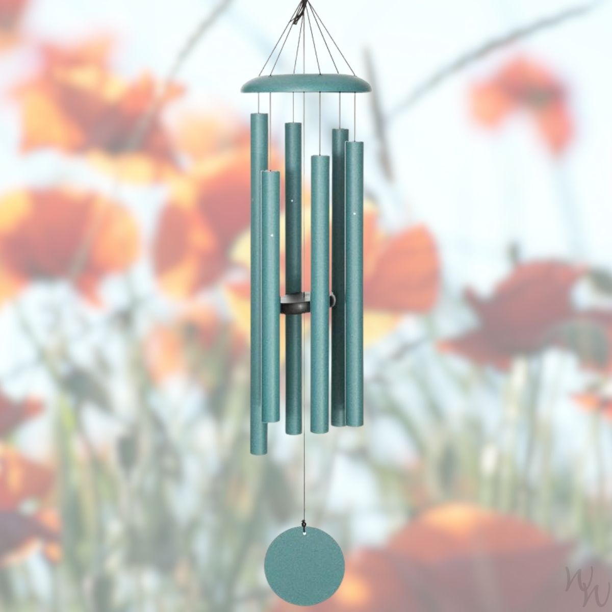 Corinthian brand wind chime that is colored green, 44 inches, 6 aluminum tubes, and a wooden striker