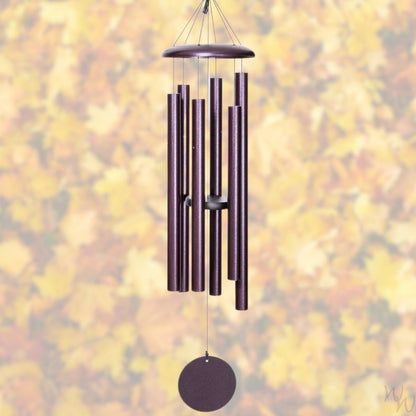 Corinthian brand wind chime that is colored plum, 44 inches, 6 aluminum tubes, and a wooden striker