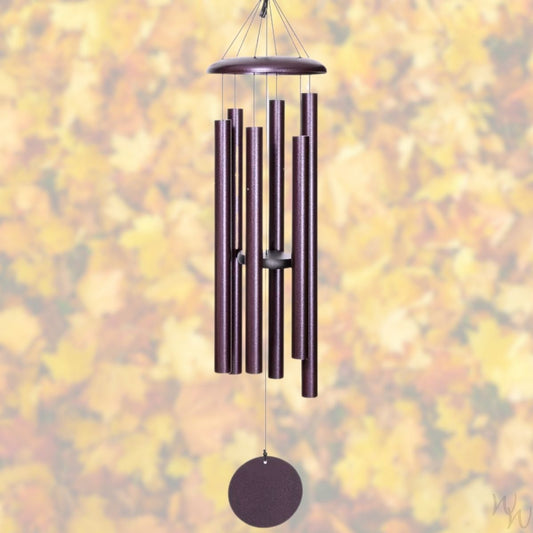 Corinthian brand wind chime that is colored plum, 44 inches, 6 aluminum tubes, and a wooden striker