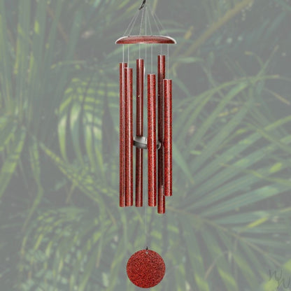 Corinthian brand wind chime that is colored ruby red, 44 inches, 6 aluminum tubes, and a wooden striker