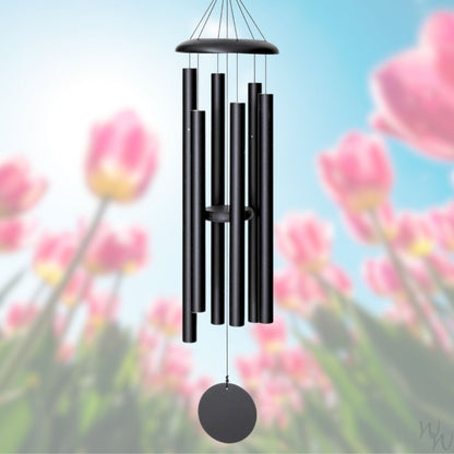 Corinthian brand wind chime that is a black colored, 50 inches, 6 aluminum tubes, and a wooden striker