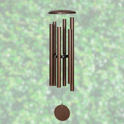 Corinthian brand wind chime that is copper colored, 50 inches, 6 aluminum tubes, and a wooden striker