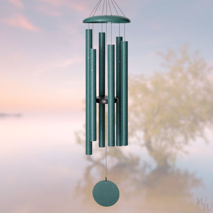 Corinthian brand wind chime that is colored green, 50 inches, 6 aluminum tubes, and a wooden striker