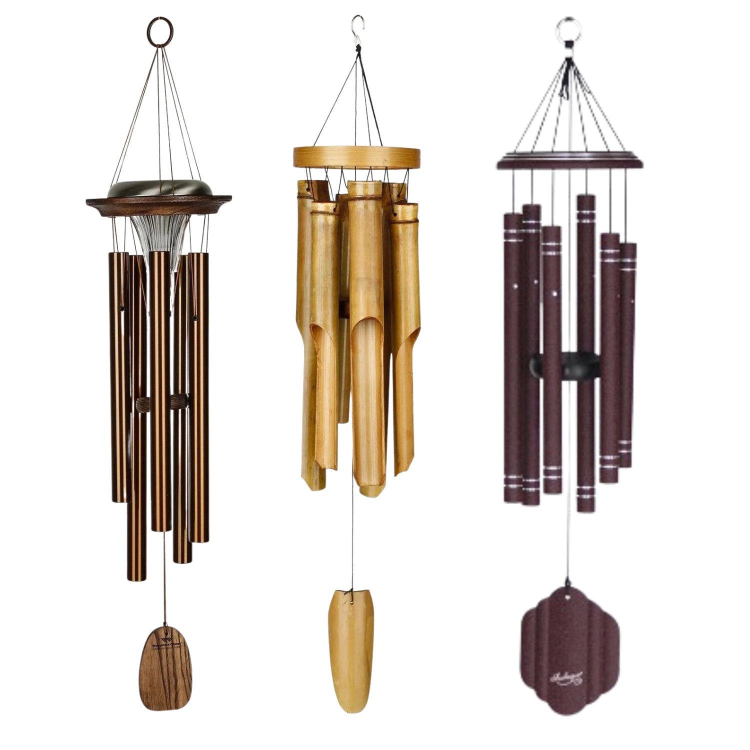 Three wind chimes of different designs and colors on a white background