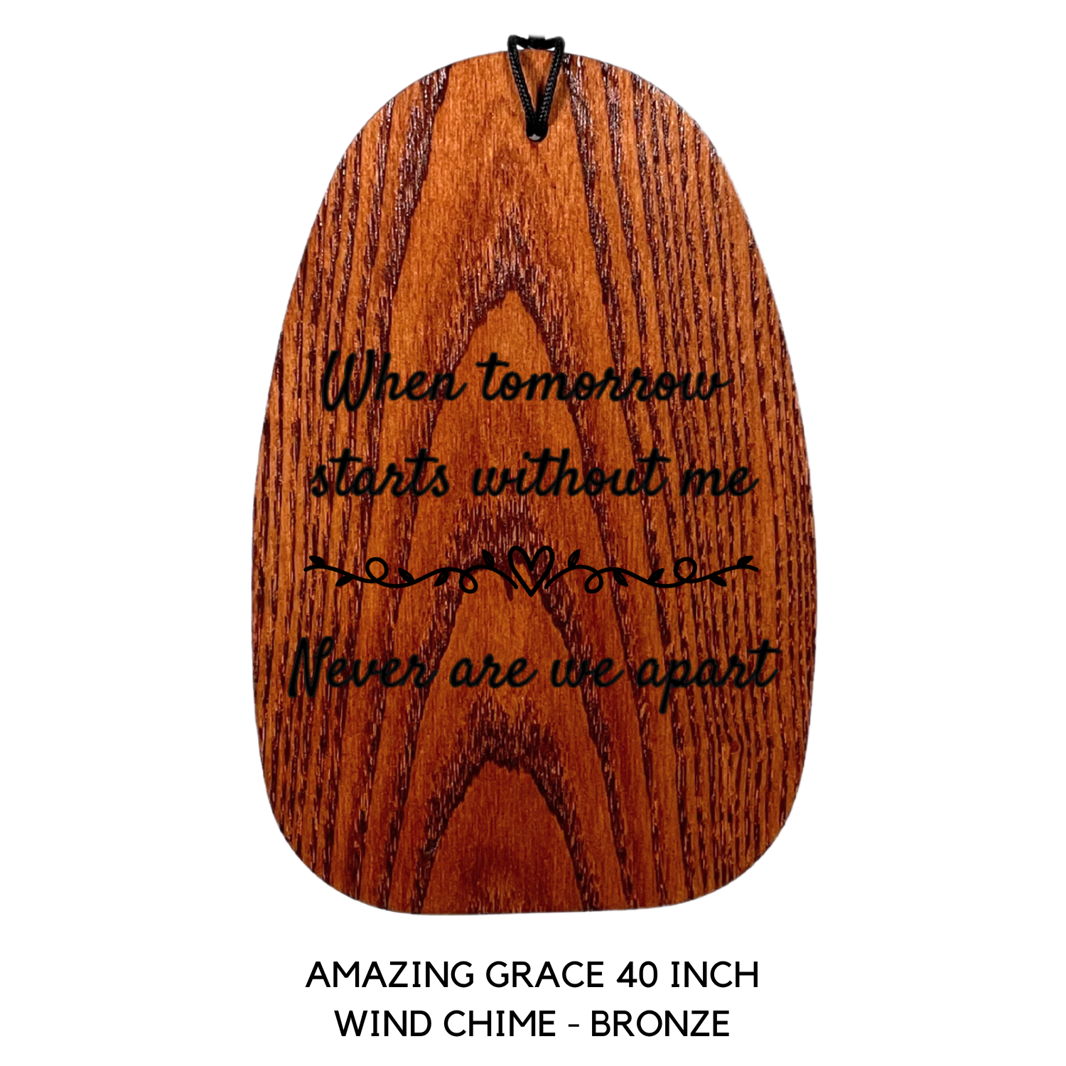 Wooden wind chime with engraved text on a white background