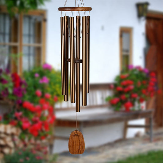 Woodstock brand 'Amazing Grace' wind chime with bronze aluminum tubes that is 40 inches in length with customizable bronze wooden wind sail