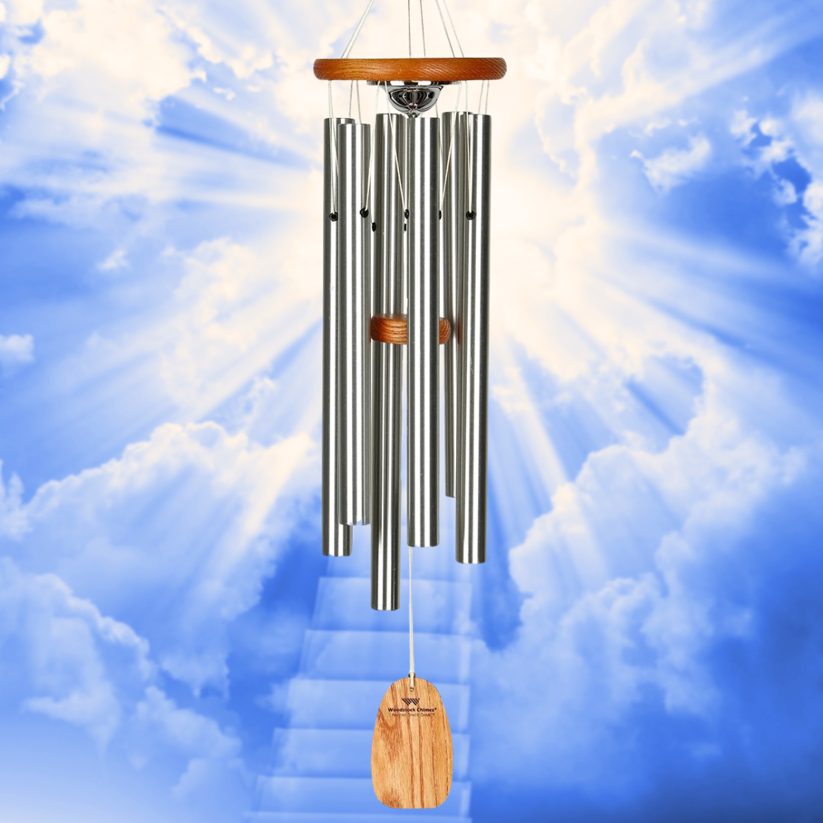 Woodstock brand 'Amazing Grace' memorial wind chime with silver aluminum tubes, 24.5 inches in length, urn and customizable orange wooden wind sail