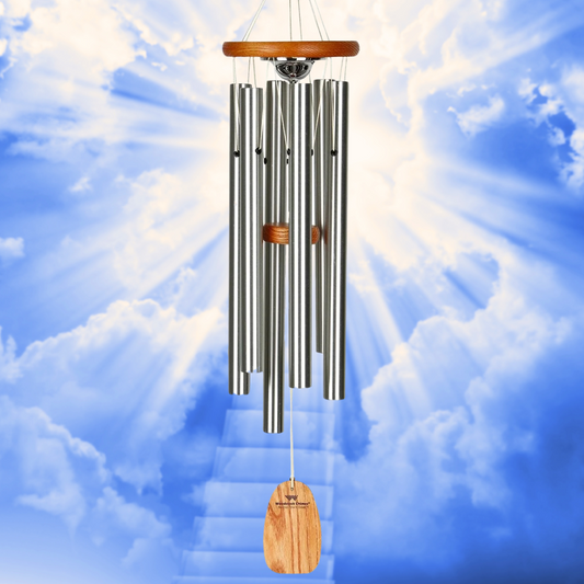 Woodstock brand 'Amazing Grace' memorial wind chime with silver aluminum tubes, 24.5 inches in length, urn and customizable orange wooden wind sail